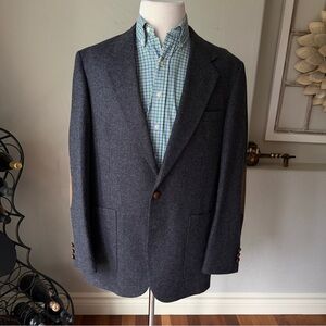 Stewart County Mens Vintage Dark Blue Wool Herringbone Blazer with Elbow Patches